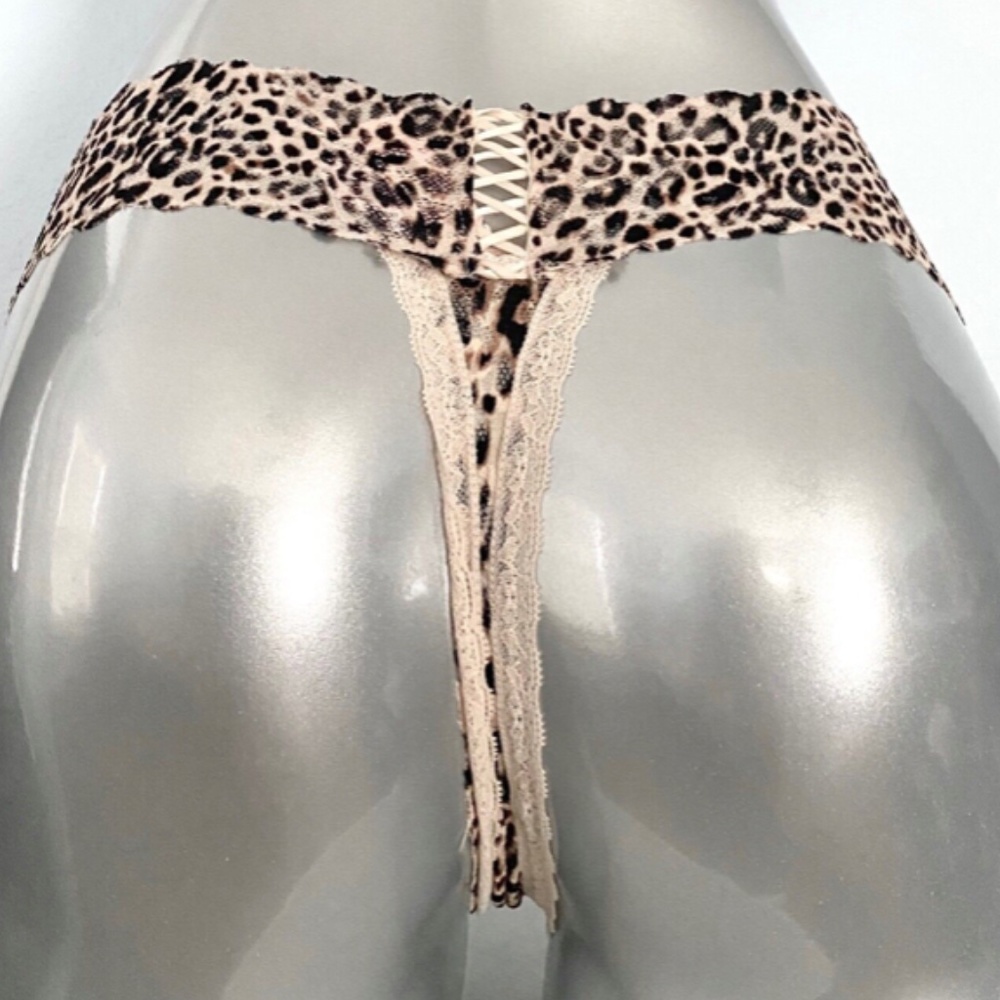 Victorias Secret Nwt Lace Up Leopard Animal Print Lace Thong Panty